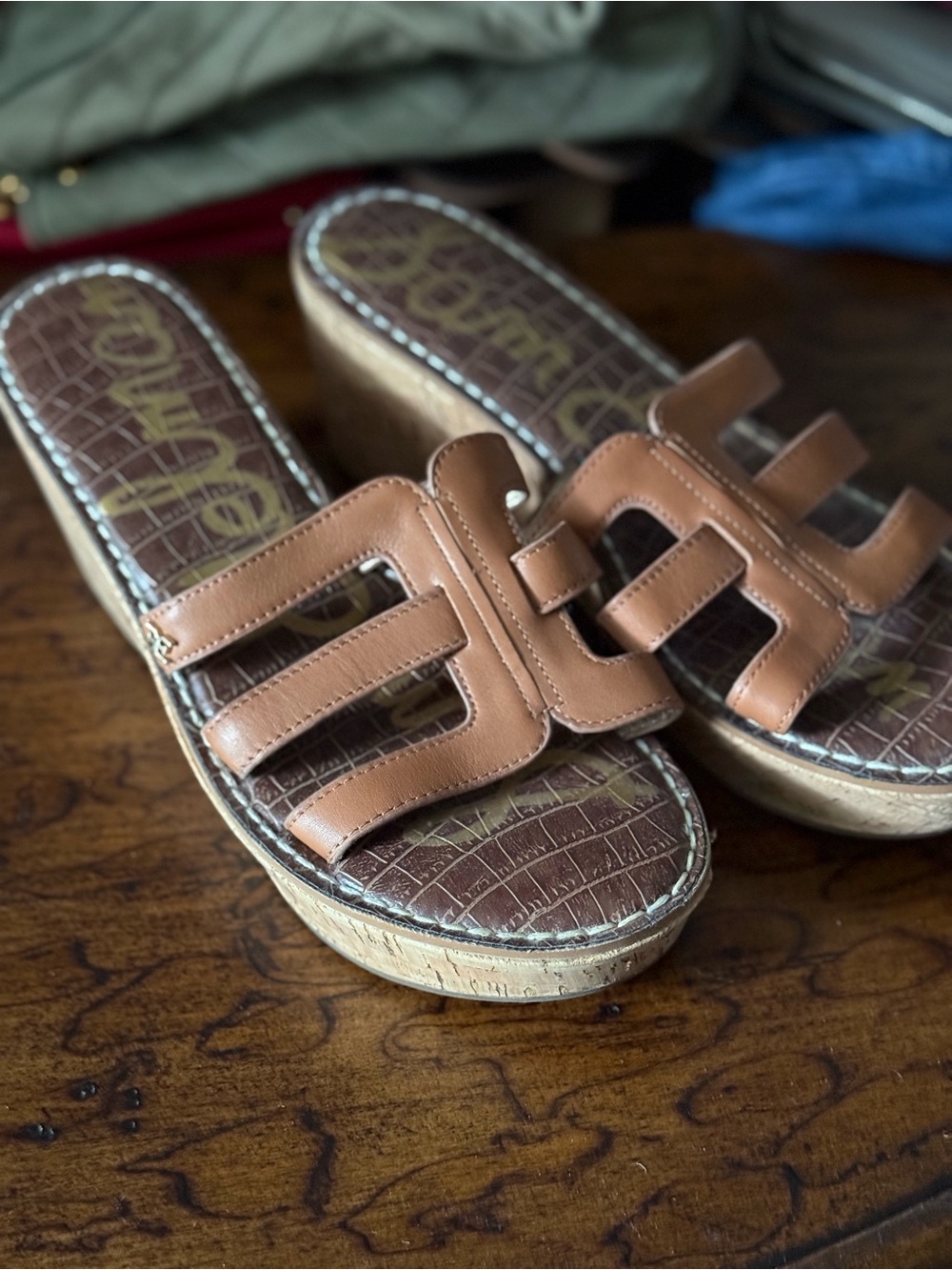 Sam Edelman Brown Leather Double-Strap Wedge Slide Mules